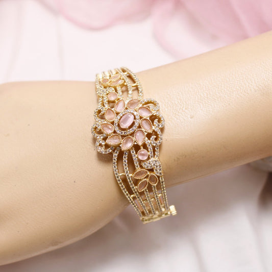Pink Stone Floral AD Openable Kada – Gold Finish Bracelet