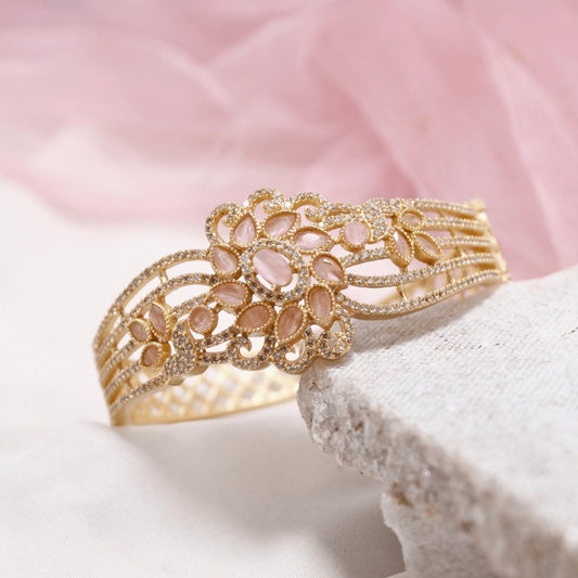 Pink Stone Floral AD Openable Kada – Gold Finish Bracelet