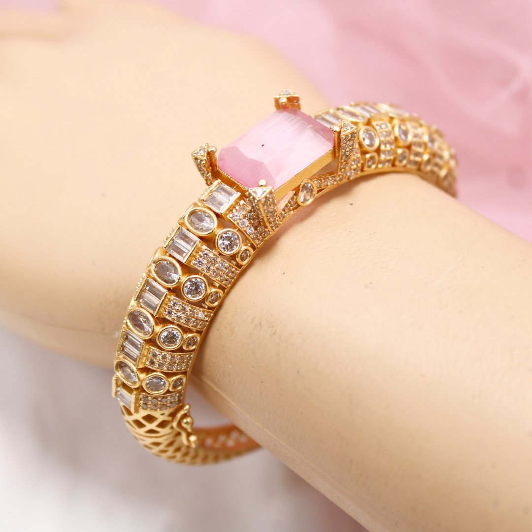 Pink Stone Openable Bracelet – Elegant Gold Finish Kada