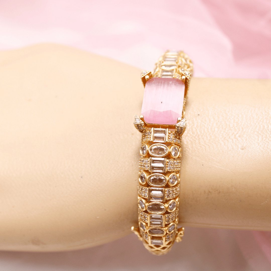 Pink Stone Openable Bracelet – Elegant Gold Finish Kada