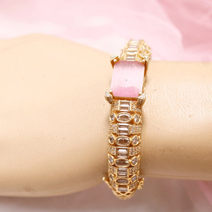 Pink Stone Openable Bracelet – Elegant Gold Finish Kada