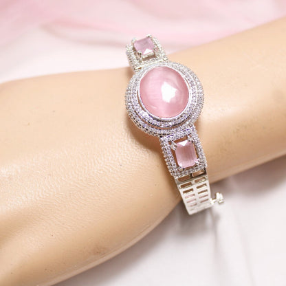 Pink Stone Openable Kada – Silver Finish Designer Bracelet