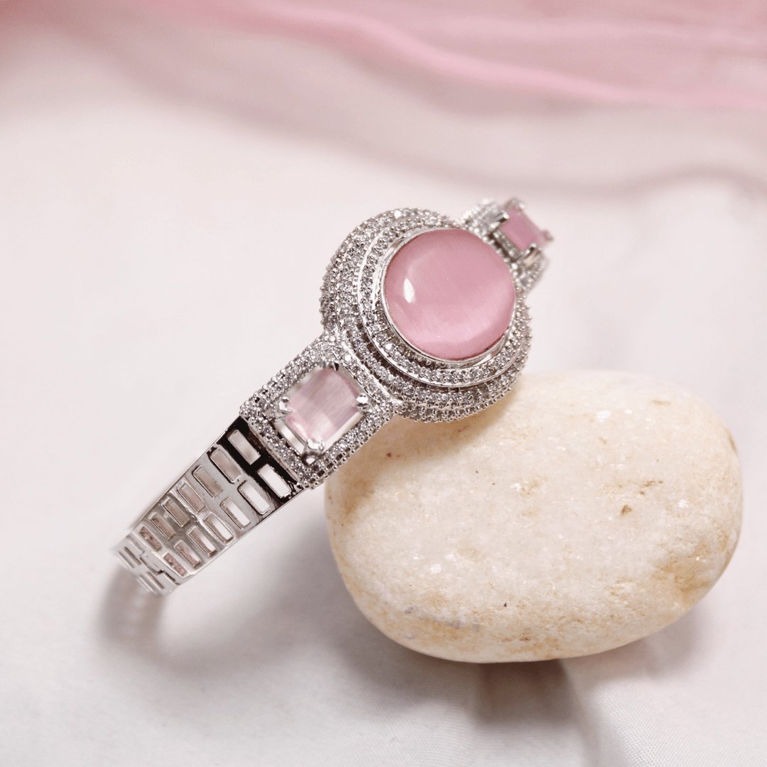 Pink Stone Openable Kada – Silver Finish Designer Bracelet