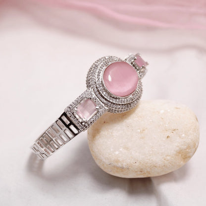Pink Stone Openable Kada – Silver Finish Designer Bracelet