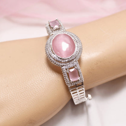 Pink Stone Openable Kada – Silver Finish Designer Bracelet