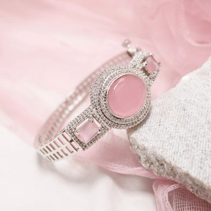 Pink Stone Openable Kada – Silver Finish Designer Bracelet