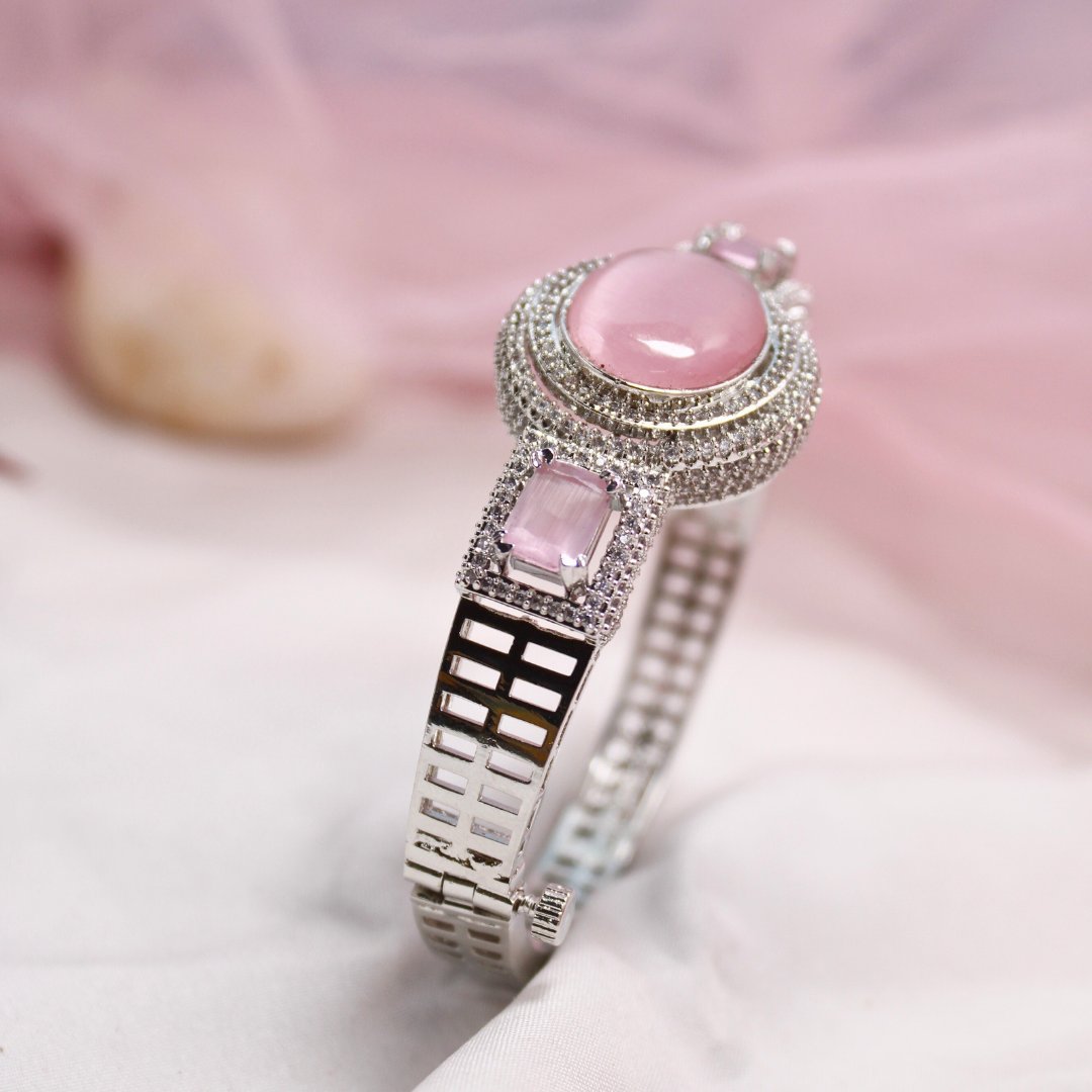 Pink Stone Openable Kada – Silver Finish Designer Bracelet