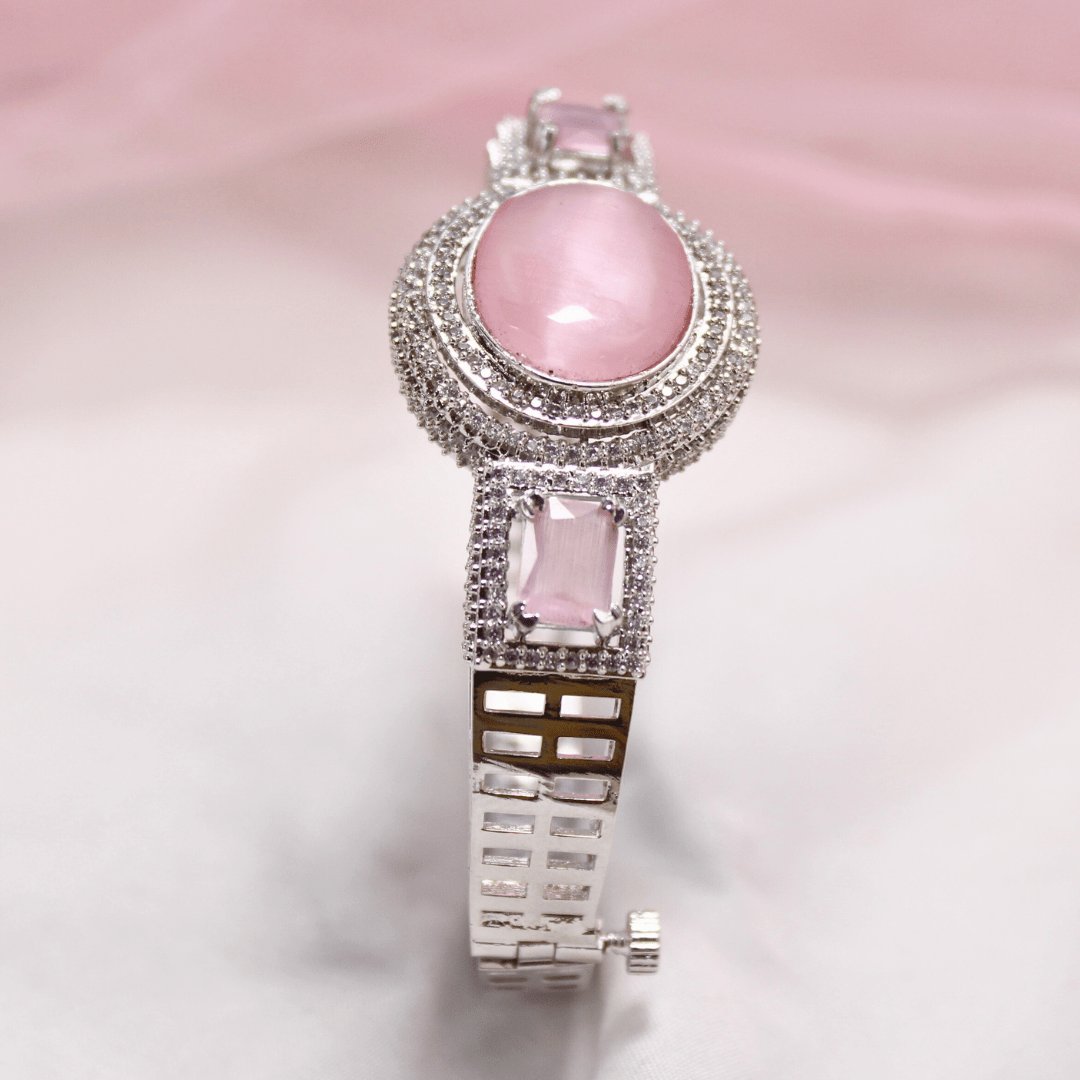 Pink Stone Openable Kada – Silver Finish Designer Bracelet