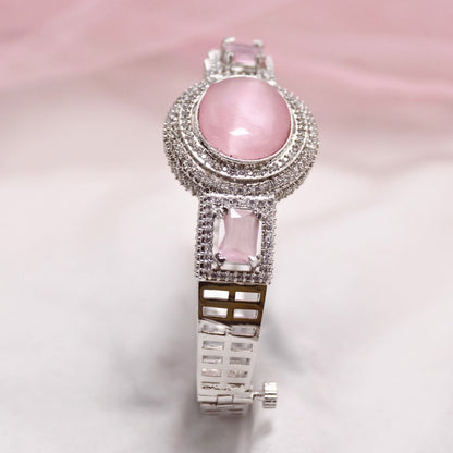 Pink Stone Openable Kada – Silver Finish Designer Bracelet