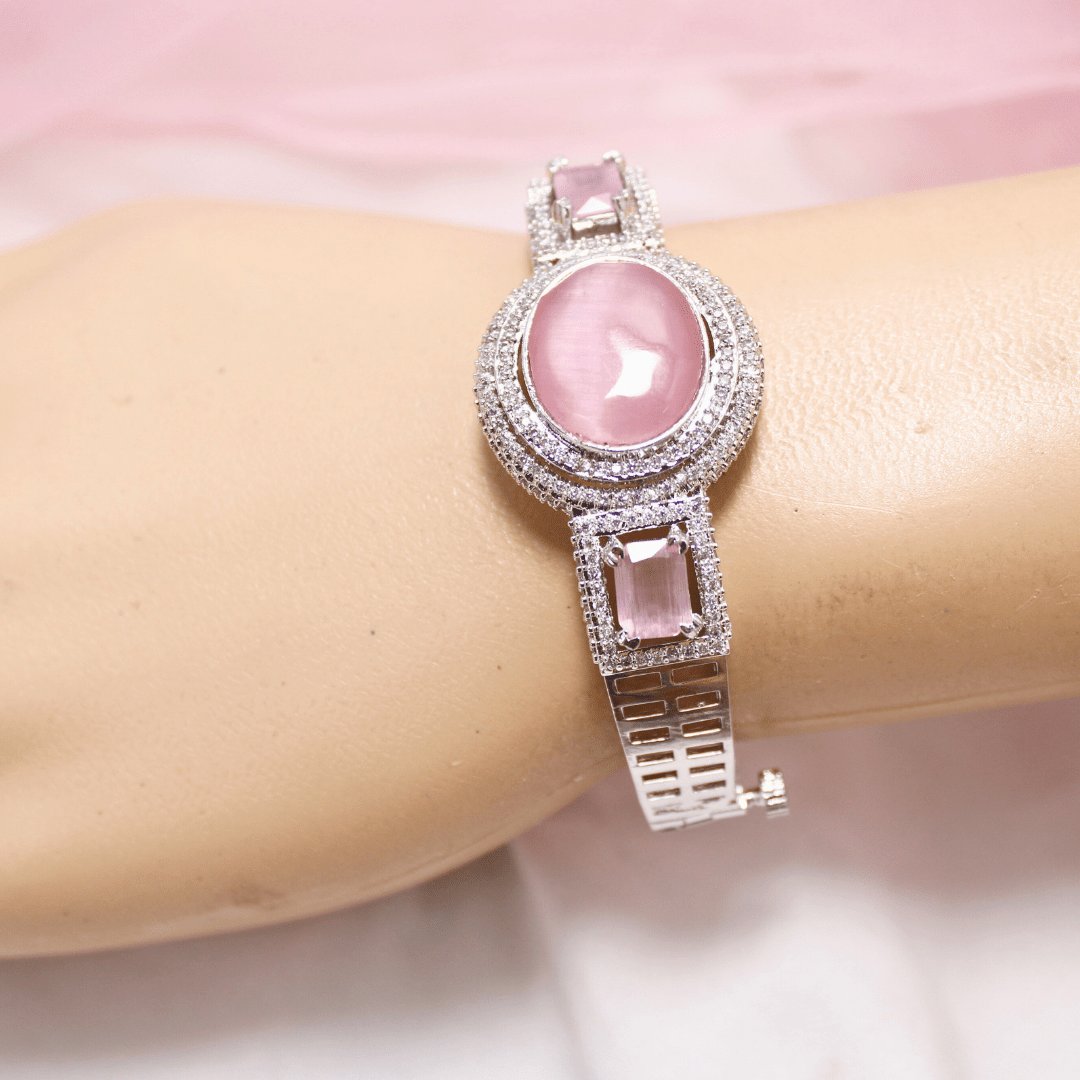 Pink Stone Openable Kada – Silver Finish Designer Bracelet