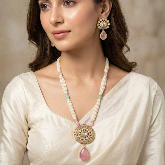 Polki and Pearl Gold Plated Necklace Set by Navraee