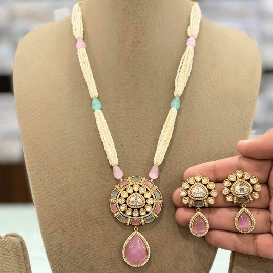 Polki and Pearl Gold Plated Necklace Set by Navraee