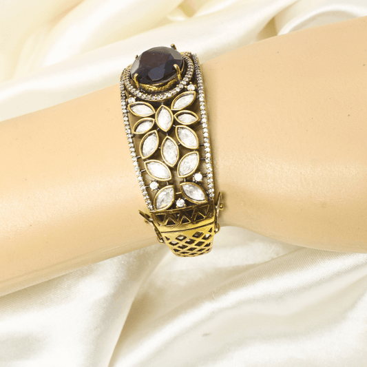 POLKI MOISSANITE BIG STONE ANTIQUE GOLDEN BRACELET - BLUE