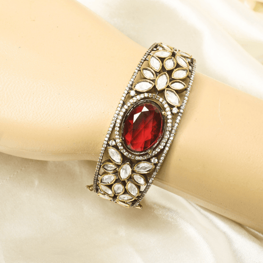 POLKI MOISSANITE BIG STONE ANTIQUE GOLDEN BRACELET - RED