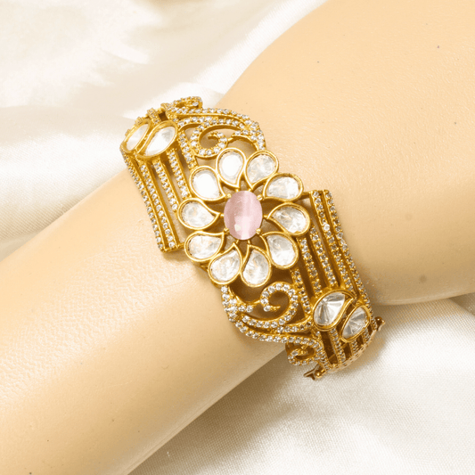 POLKI MOISSANITE FLOWER ANTIQUE GOLDEN BRACELET - PINK