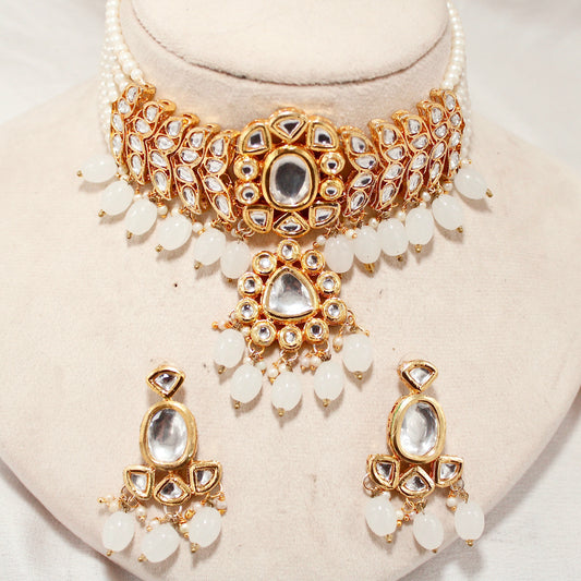 Polki Pearl Choker Necklace Set with Drop Earrings – product view 1