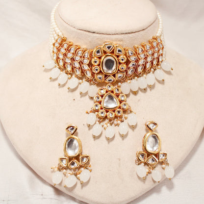 Polki Pearl Choker Necklace Set with Drop Earrings – product view 2