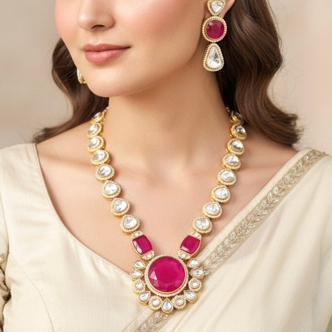 POLKI & RUBY STONE LOOK ALIKE NECKLACE SET-GOLDEN FINISH