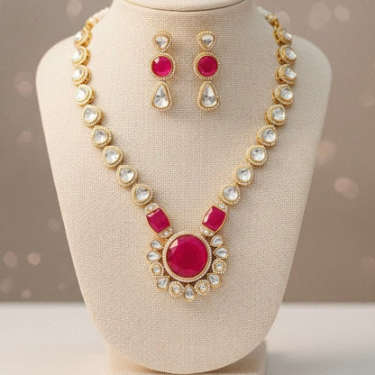 POLKI & RUBY STONE LOOK ALIKE NECKLACE SET-GOLDEN FINISH