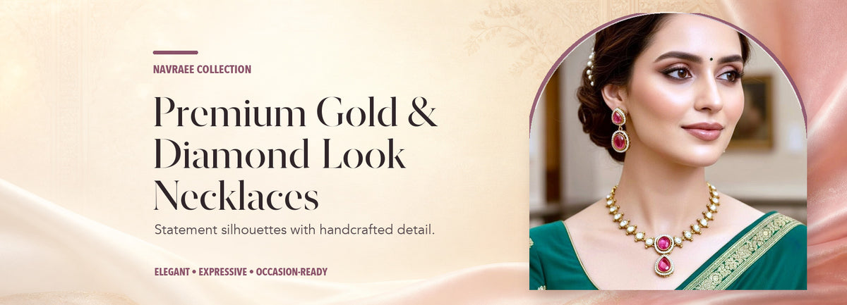 Premium Gold & Diamond-Look Necklaces collection header banner featuring Victorian Necklace Ruby Red And Diamond Look