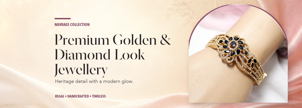Premium Golden & Diamond-Look Jewellery collection header banner featuring Black Stone Floral Ad Openable Kada – Gold Finish Designer Bracelet