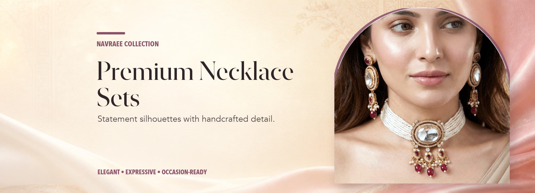 Premium Necklace Sets collection header banner featuring Celebrity-Inspired Ruby Pink Uncut Polki Pearl Choker Necklace Set