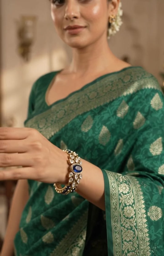 Royal Blue Oval Cabochon Polki Leaf Kada