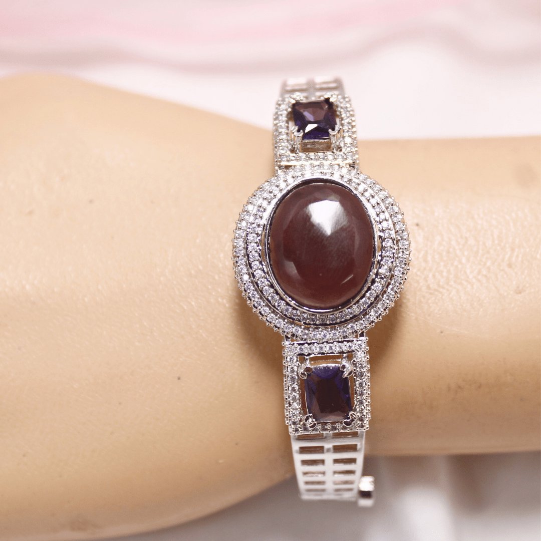 Purple Stone Openable Kada – Silver Finish Luxury Bracelet