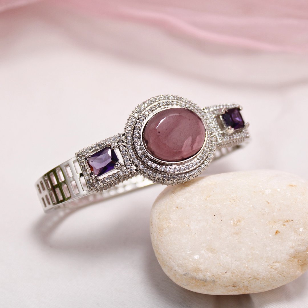 Purple Stone Openable Kada – Silver Finish Luxury Bracelet