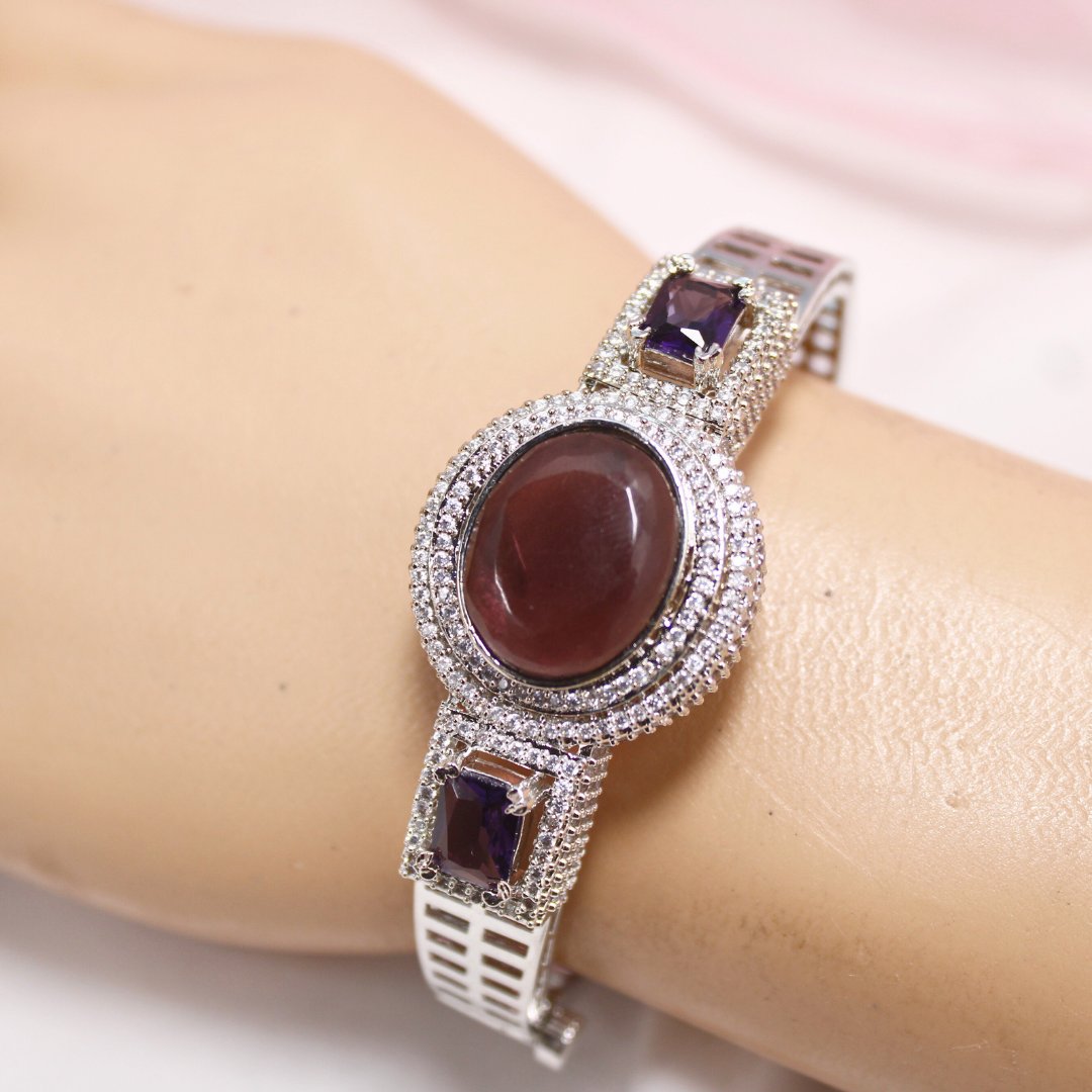 Purple Stone Openable Kada – Silver Finish Luxury Bracelet