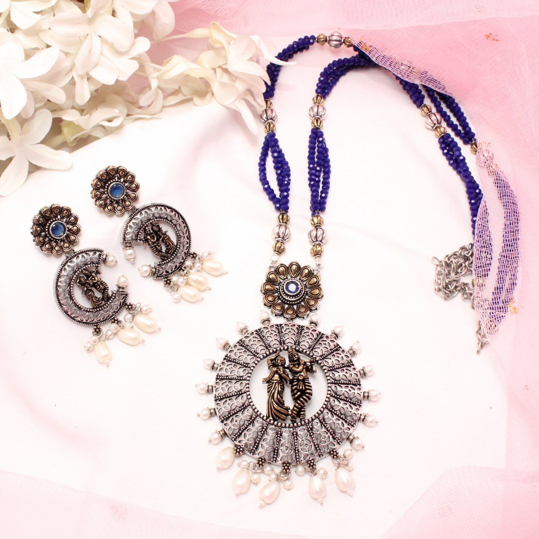 RADHA-KRISHAN DUAL-TONE PENDANT SET- BLUE