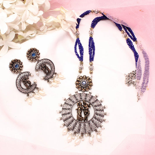 RADHA-KRISHAN DUAL-TONE PENDANT SET- BLUE