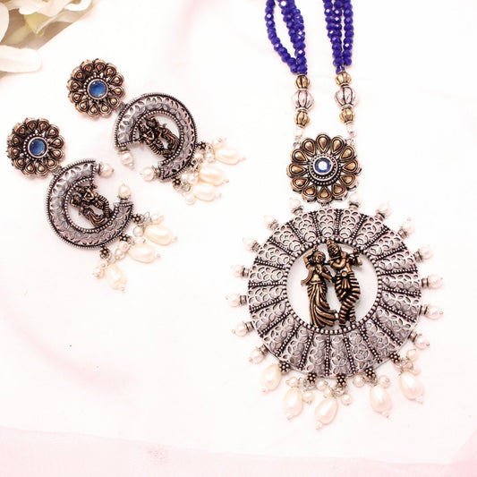 RADHA - KRISHAN DUAL - TONE PENDANT SET - BLUE