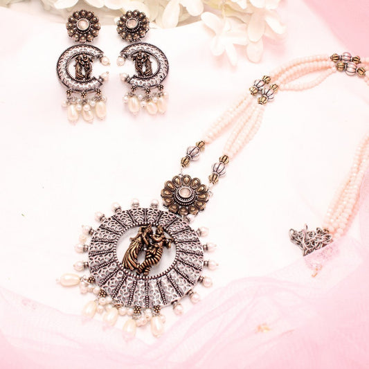 RADHA-KRISHAN DUAL-TONE PENDANT SET-PEACH