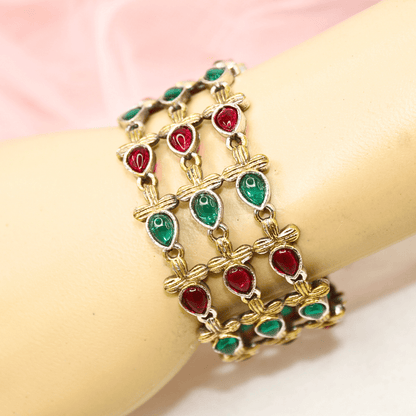 Rajputi Red - Green Stone Kada – Non - Openable Single Bang