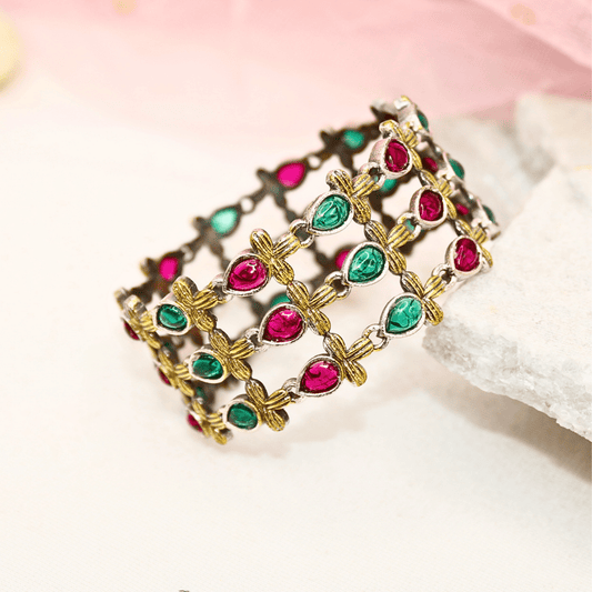Rajputi Red - Green Stone Kada – Non - Openable Single Bang