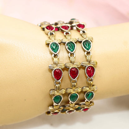 Rajputi Red-Green Stone Kada – Non-Openable Single Bang