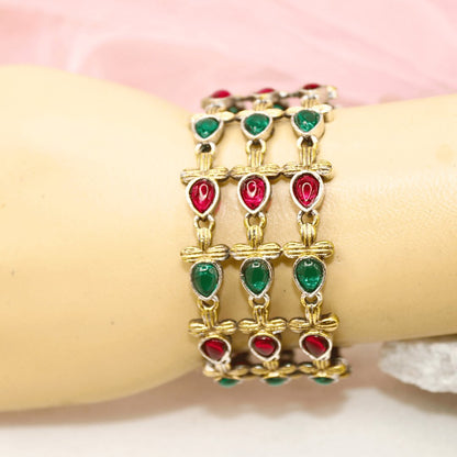 Rajputi Red-Green Stone Kada – Non-Openable Single Bang