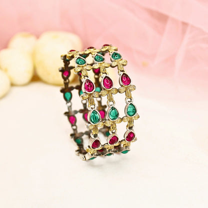 Rajputi Red-Green Stone Kada – Non-Openable Single Bang