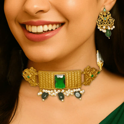 RAJWADI CHOKER WITH DOUBLET STONE-GREEN