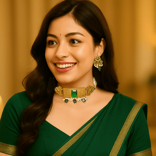 RAJWADI CHOKER WITH DOUBLET STONE - GREEN