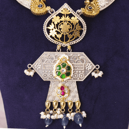 RAJWADI DUAL - TONE PACHI KUNDAN NECKLACE SET
