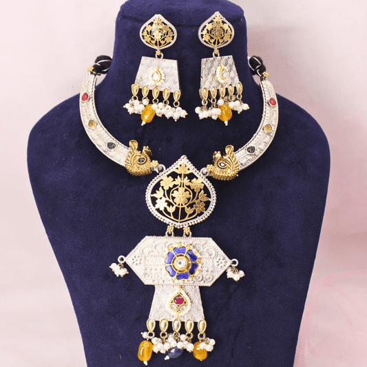 RAJWADI DUAL - TONE PACHI KUNDAN NECKLACE SET