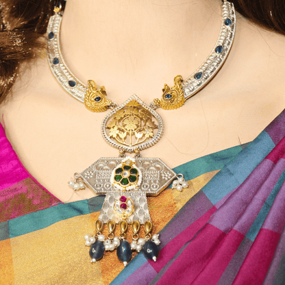 RAJWADI DUAL - TONE PACHI KUNDAN NECKLACE SET