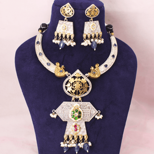 RAJWADI DUAL - TONE PACHI KUNDAN NECKLACE SET