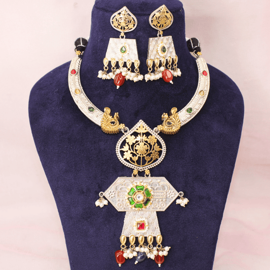 RAJWADI DUAL - TONE PACHI KUNDAN NECKLACE SET