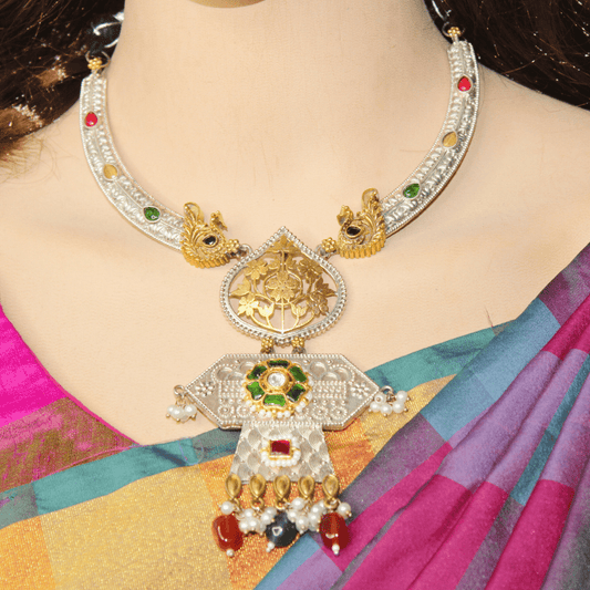 RAJWADI DUAL - TONE PACHI KUNDAN NECKLACE SET