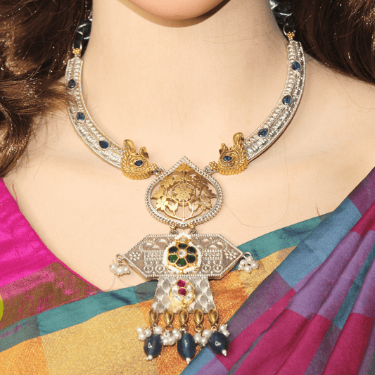 RAJWADI DUAL - TONE PACHI KUNDAN NECKLACE SET
