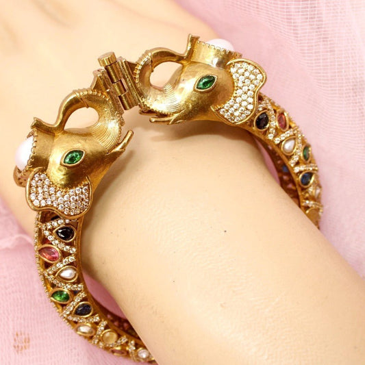 Rajwadi Elephant-Head Navratna Kada – Antique Gold Finish Statement Kada