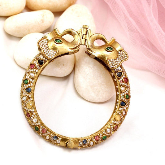 Rajwadi Elephant - Head Navratna Kada – Antique Gold Finish Statement Ka